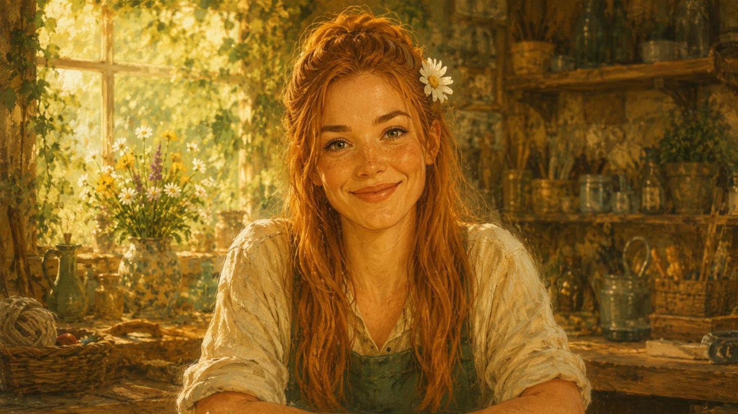 Lina, a cheerful red-haired maker with a daisy in her hair, in her sunlit craft workshop.
