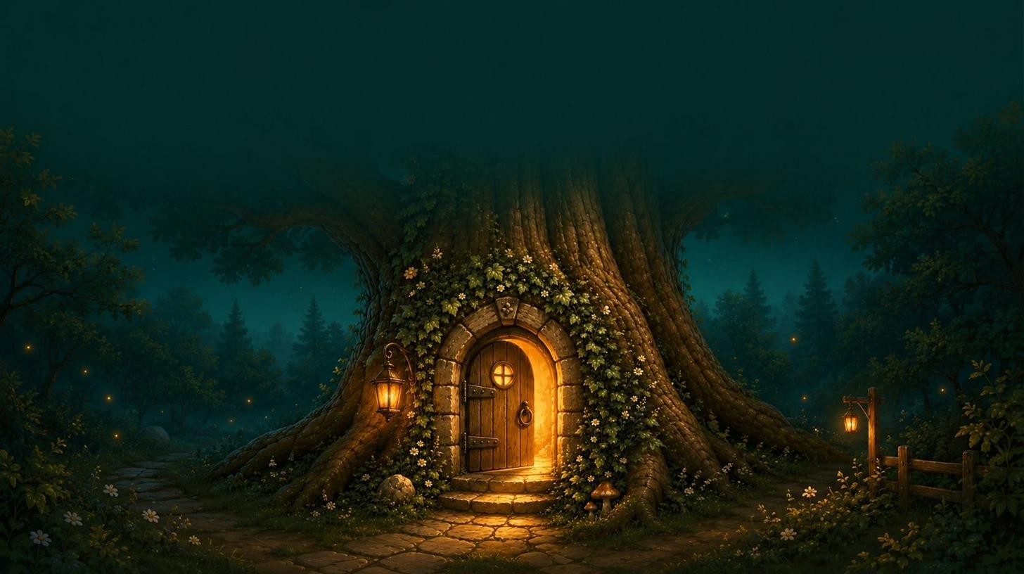 An ancient oak tree at dusk with a small glowing door at its base, fireflies drifting on a quiet woodland path.