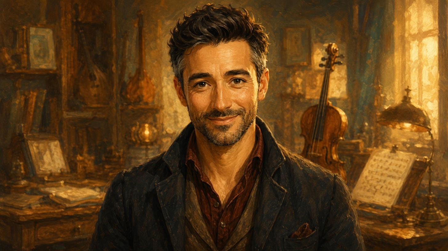 Marco, a warm dark-haired musician, smiling in his golden music studio with a violin behind him.