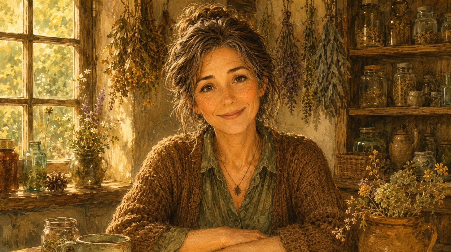 Mira, a bright-eyed woman in a cosy cottage, herbs and jars on the shelves behind her.