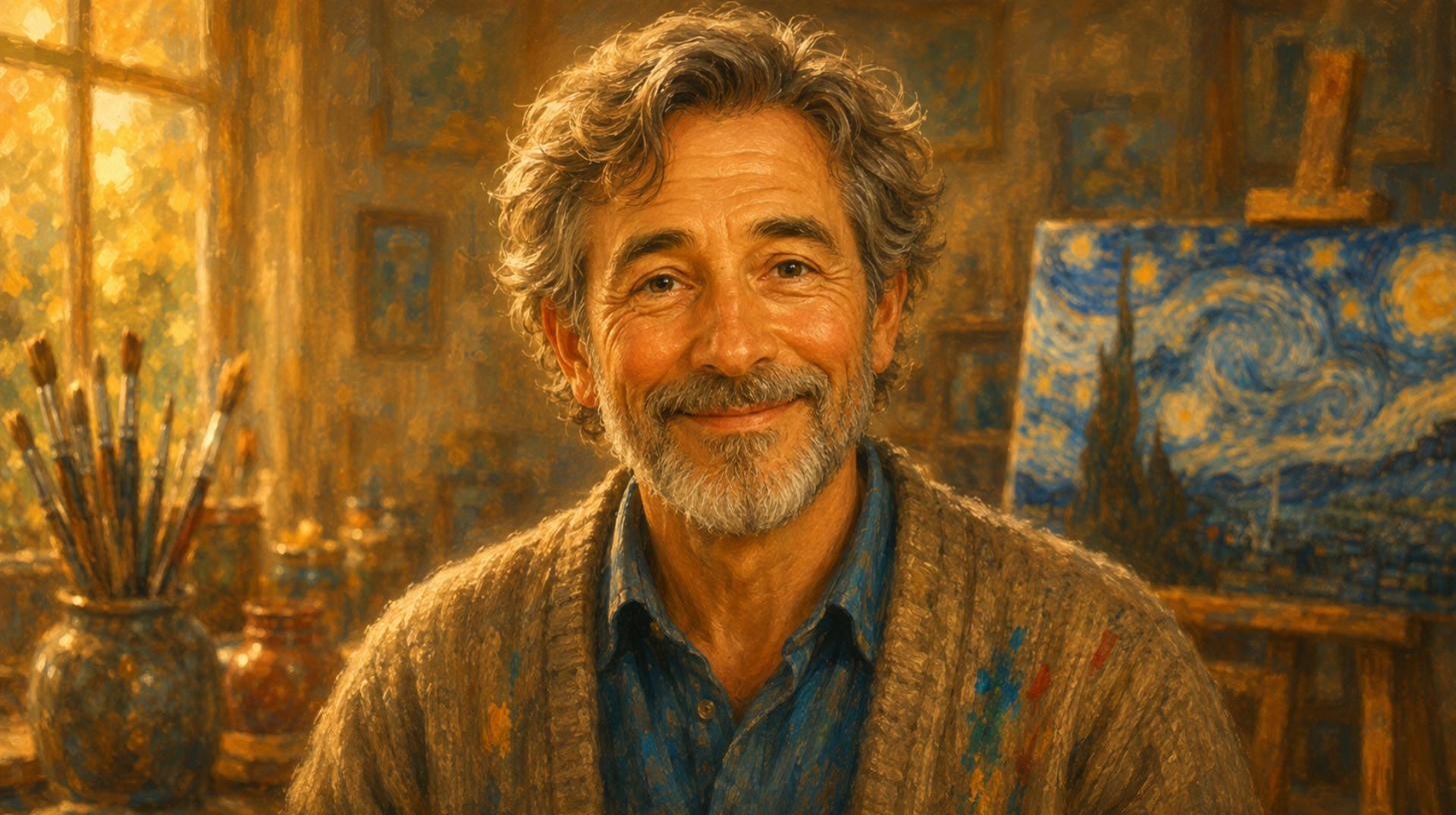 Theo, a kind grey-haired painter in his warm studio, a swirling night-sky painting on the easel.